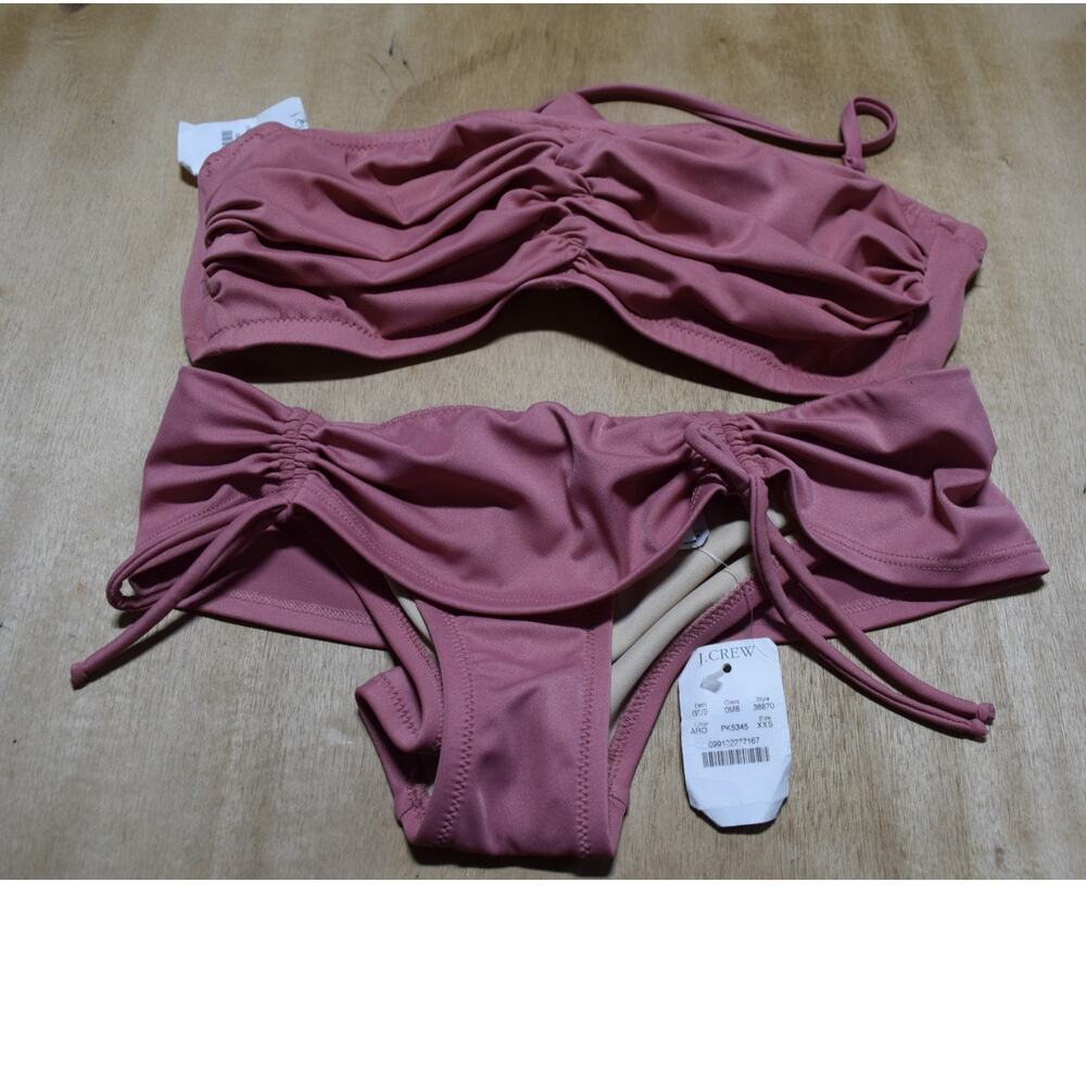 J.Crew Ruched Bandeau Bikini Set Dusty Rose 32C Top XXS Bottom NWT